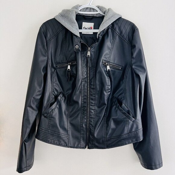 Miss Selfie Black 100% Polyurethane Shiny Hooded Motorcycle Jacket ~ Size XL - Picture 1 of 10